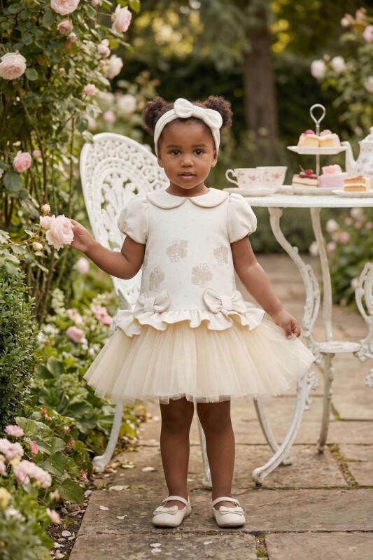 Beige Baby Girls Bow Detail Tulle Dress & Headband 6-24 MONTH 36170PR - Clothes