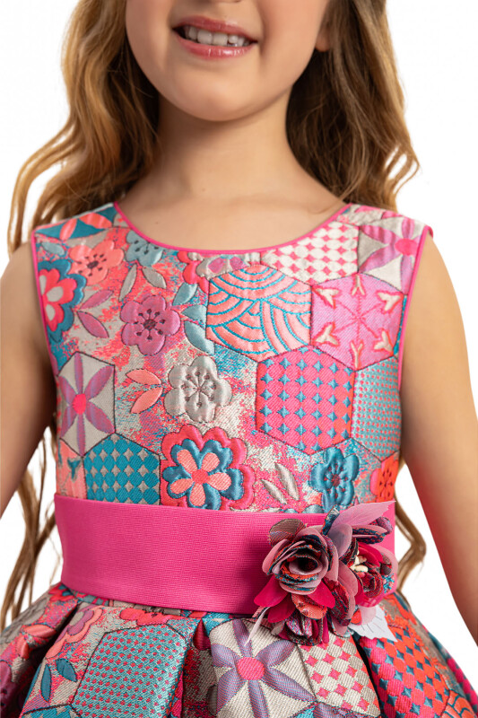 Pink Jacquard Patterned Dress with Matching Bag 3-7 AGE 35329PR - Clothes
