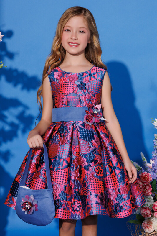 Blue Jacquard Patterned Dress with Matching Bag 3-7 AGE 35329PR 