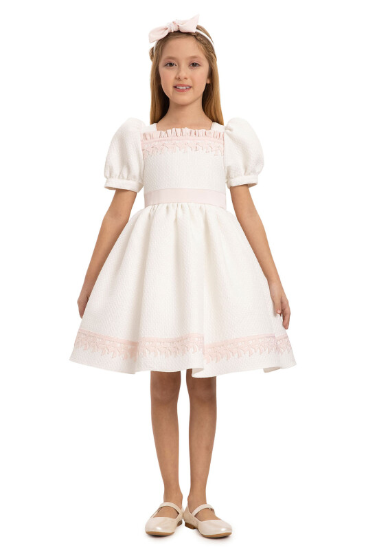 Ecru Girls Dress with Hair Accessory 3-7 AGE 35431PR 