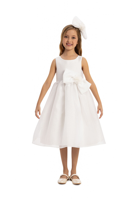 Ecru Bow Dress with Hair Accessory 3-7 AGE 35347PR 