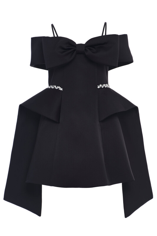 Black Girls Satin Bow Shoulder Dress with Overskirt Detail 8-15 AGE 36104PR - Clothes (1)