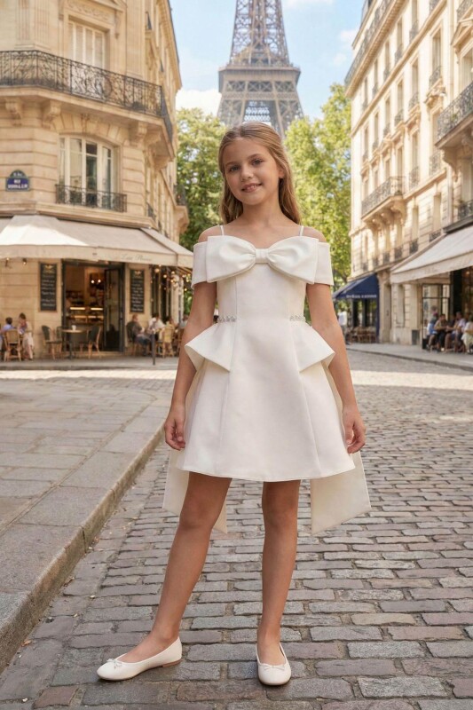 Ecru Girls Satin Bow Shoulder Dress with Overskirt Detail 8-15 AGE 36104PR - Clothes