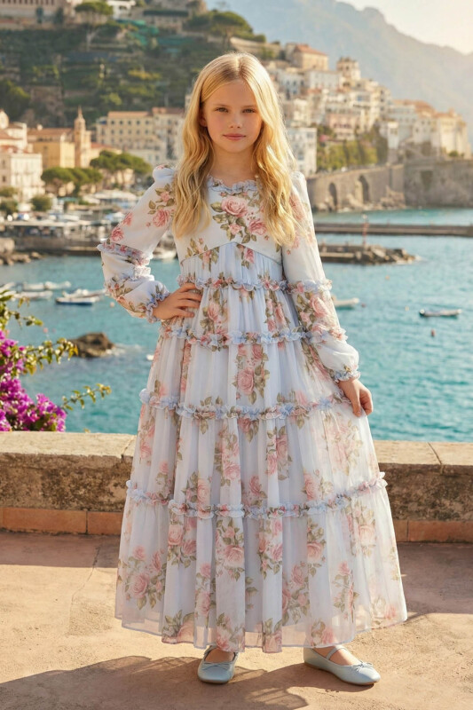 Blue Girls Romantic Tiered Floral Maxi Dress with Ruffles 8-15 AGE 36396PR - Clothes