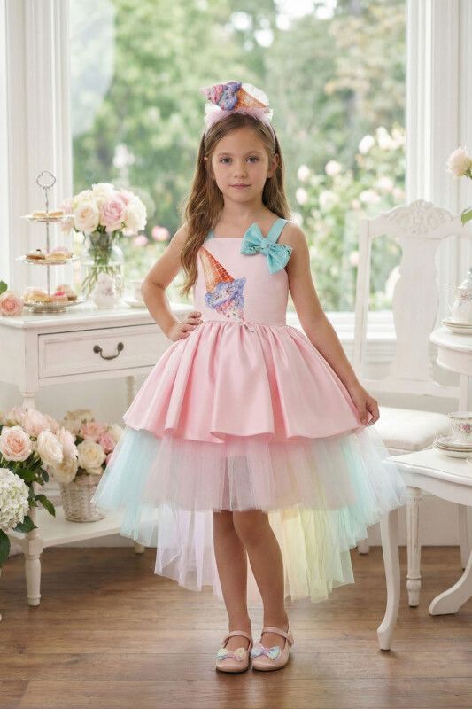 Powder Girls’ Ice Cream Print Party Dress with Rainbow Tulle & Headband 3-7 AGE 36042PR - Clothes