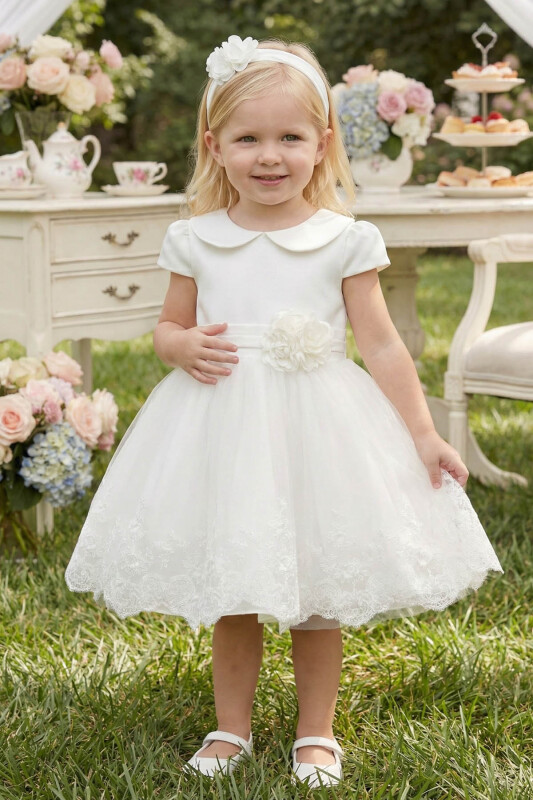 Ecru Baby Girl Satin & Tulle Party Dress with Floral Headband 6-24 MONTH 36103PR - Clothes