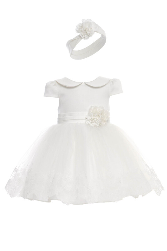 Ecru Baby Girl Satin & Tulle Party Dress with Floral Headband 6-24 MONTH 36103PR - Clothes (1)