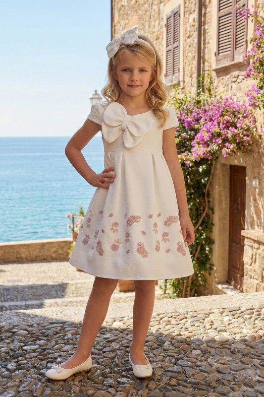 Beige Girls Butterfly Jacquard Dress & Headband 3-7 AGE 36178PR - Clothes