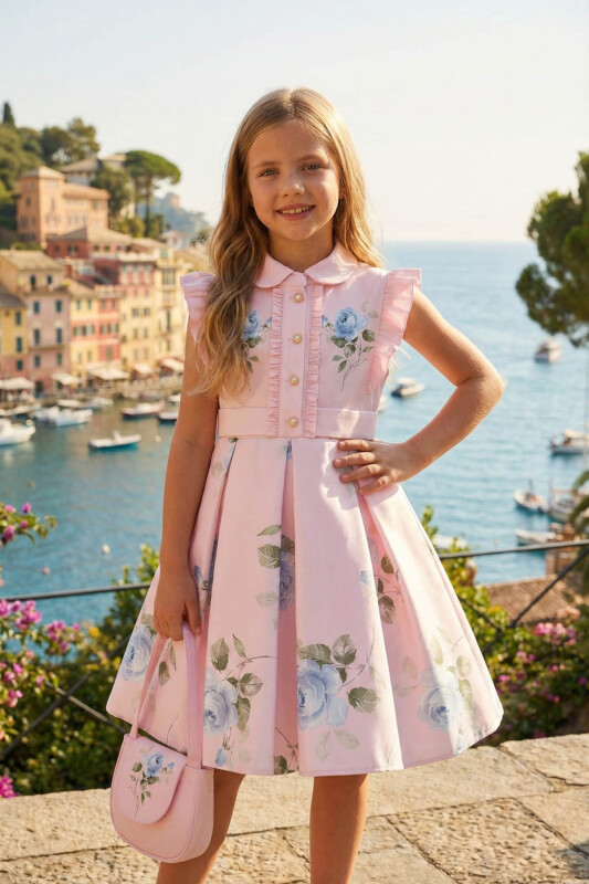 Powder Floral Satin Dress with Matching Bag 3-7 AGE 36343PR - Clothes
