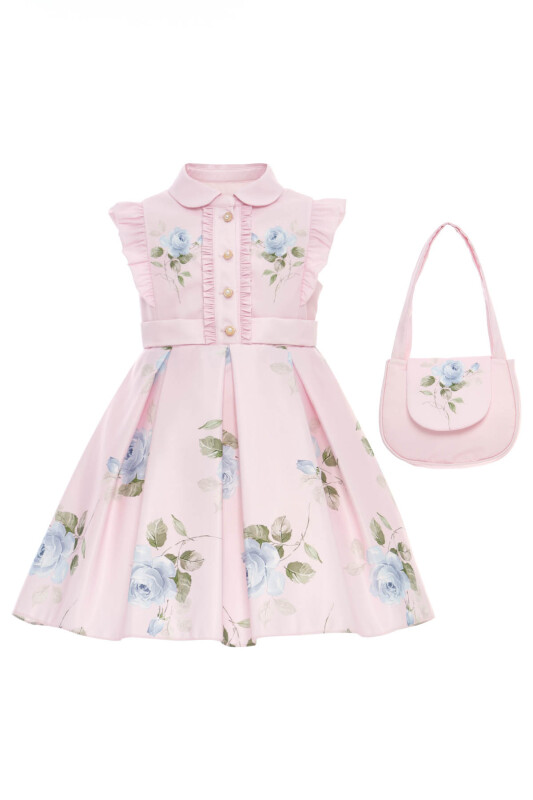 Powder Floral Satin Dress with Matching Bag 3-7 AGE 36343PR - Clothes (1)