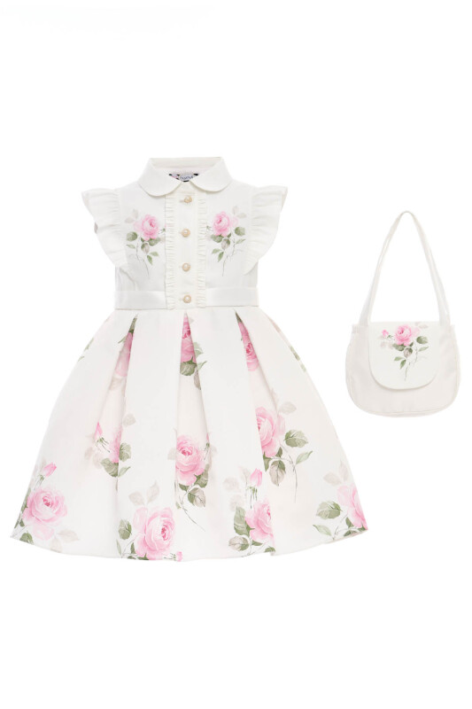 Ecru Floral Satin Dress with Matching Bag 3-7 AGE 36343PR - Clothes (1)