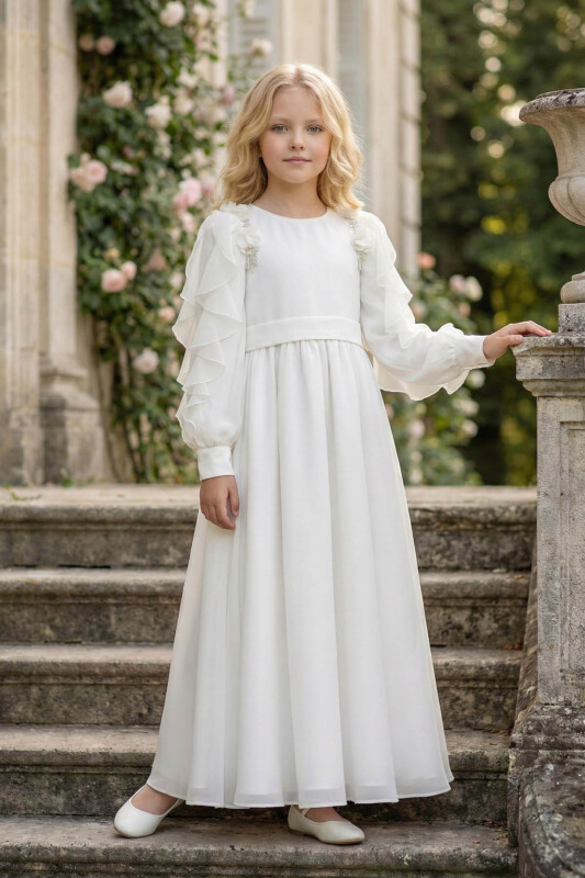 Ecru Girls Long Chiffon Dress 8-15 AGE 36382PR - Clothes