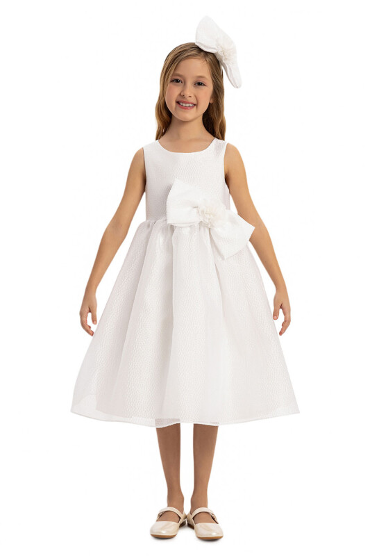 Ecru Bow Dress with Hair Accessory 3-7 AGE 35347PR 