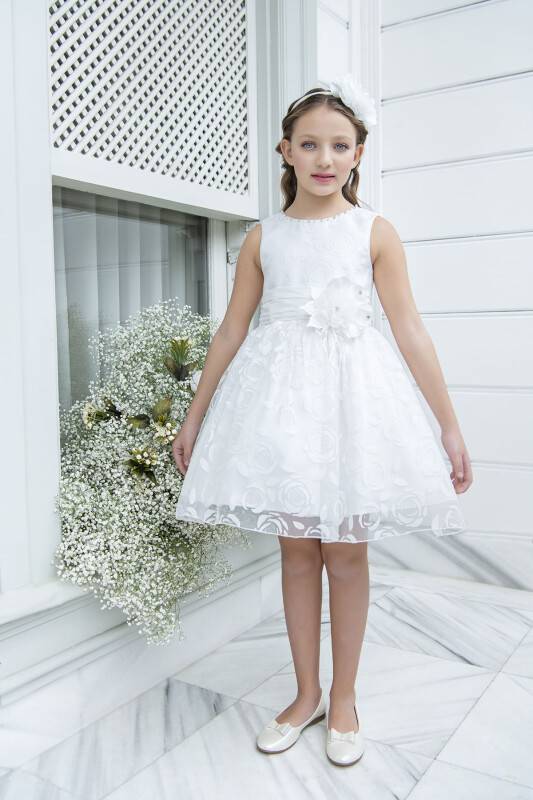 Ecru Sleeveless cutting dress for girls 8-12 AGE 33220PR 