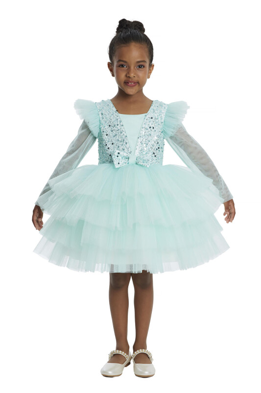 Mint Long-sleeved Girl's Tulle Dress 3-7 AGE 34053PR 