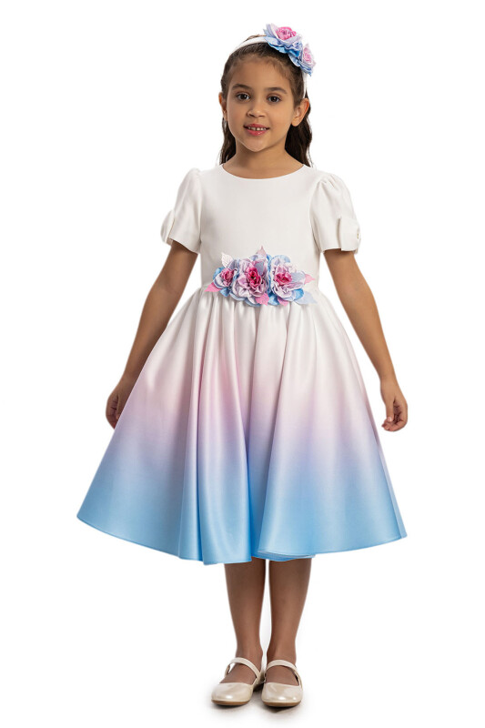 Blue Ombre Satin Dress with Floral Hair Accessory 3-7 AGE 35261PR 