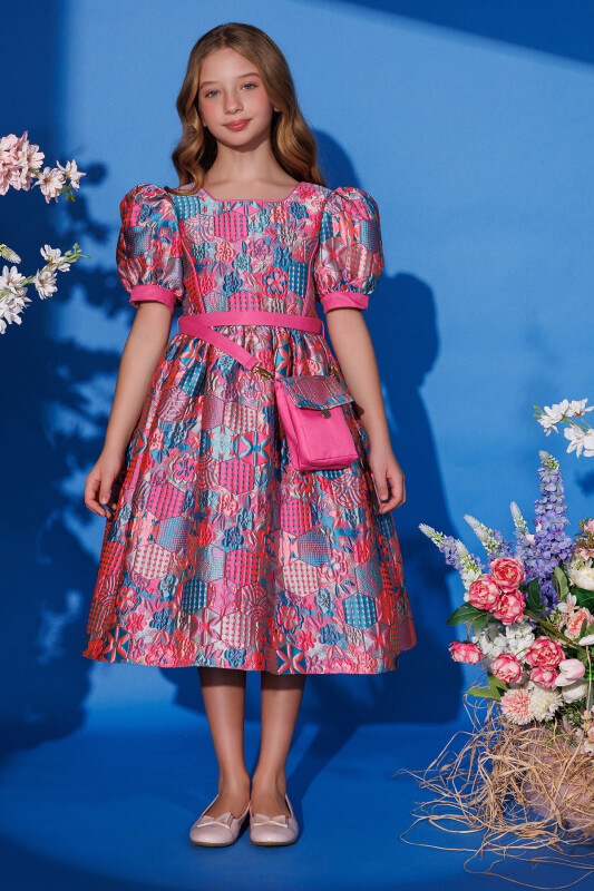 Pink Girls Jacquard Dress with Bag 8-14 AGE 35440PR - Clothes
