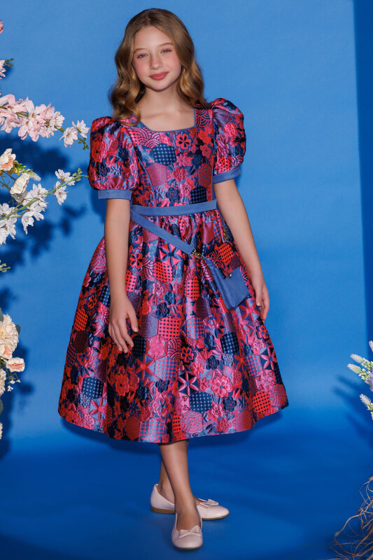 Blue Girls Jacquard Dress with Bag 8-14 AGE 35440PR - Clothes