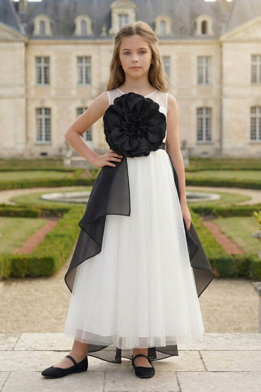 Black Girls Organza Layered Dress with Oversized Flower 8-15 AGE 36019PR - Clothes