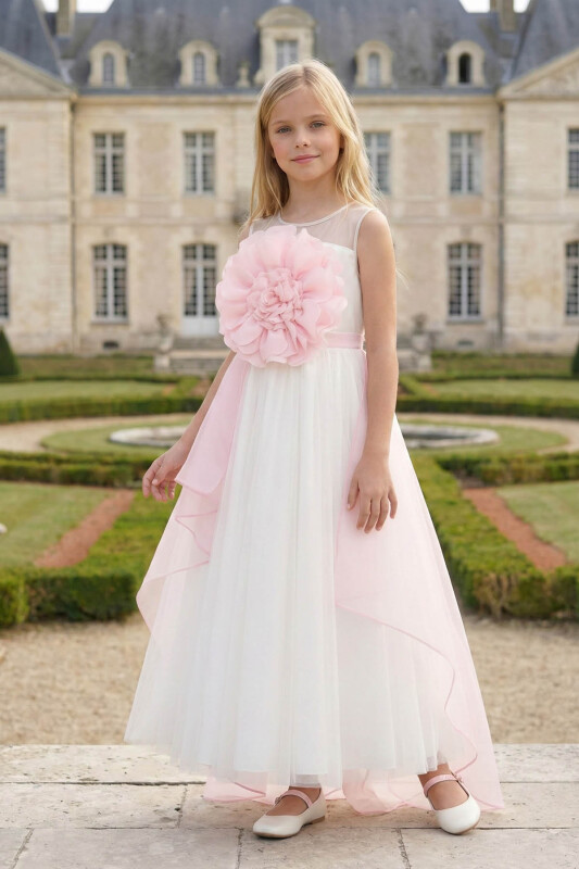 Ecru Girls Organza Layered Dress with Oversized Flower 8-15 AGE 36019PR 