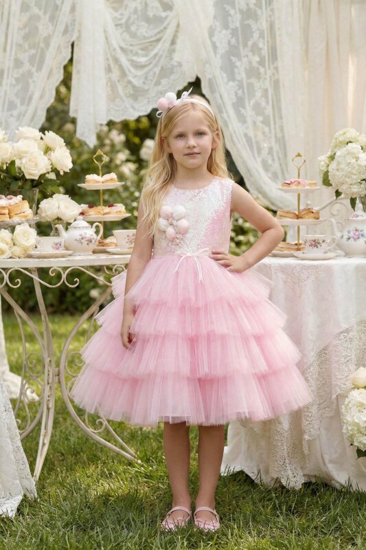 Powder Girls’ Sequin Bodice Tulle Dress with Balloon Bouquet Appliqué 3-7 AGE 36028PR 
