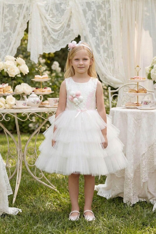 Ecru Girls’ Sequin Bodice Tulle Dress with Balloon Bouquet Appliqué 3-7 AGE 36028PR 