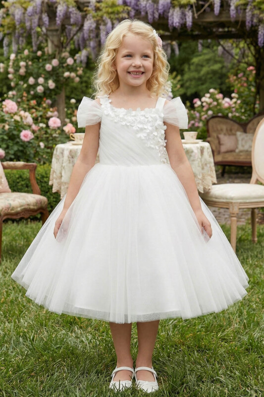 Ecru Floral Appliqué Tulle Dress 3-7 AGE 36036PR 