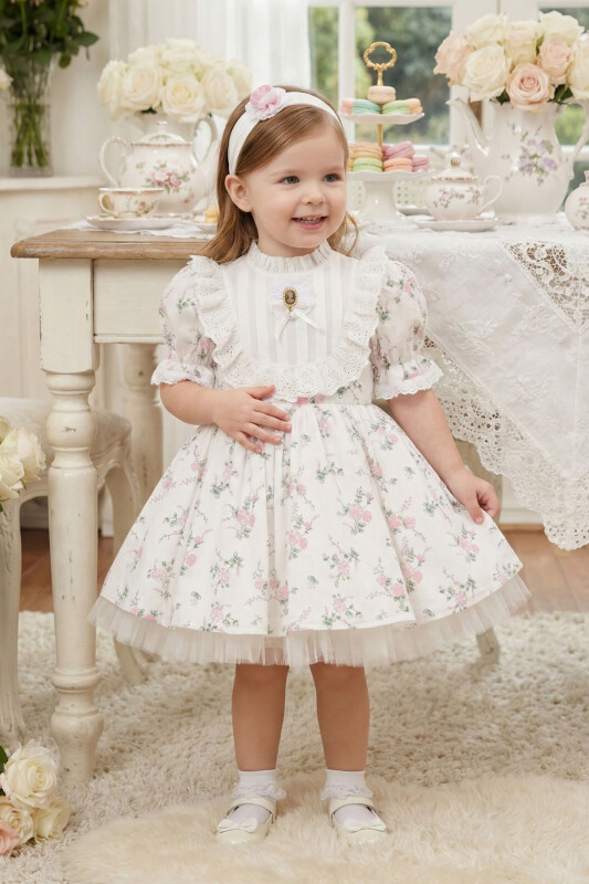 Ecru Baby Girl Vintage Floral Dress with Cameo Brooch & Headband 6-24 MONTH 36358PR - Clothes