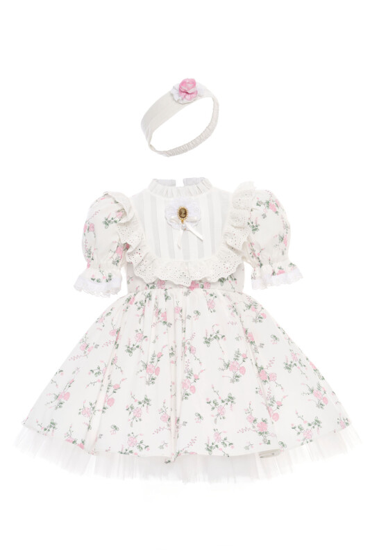 Ecru Baby Girl Vintage Floral Dress with Cameo Brooch & Headband 6-24 MONTH 36358PR - Clothes (1)