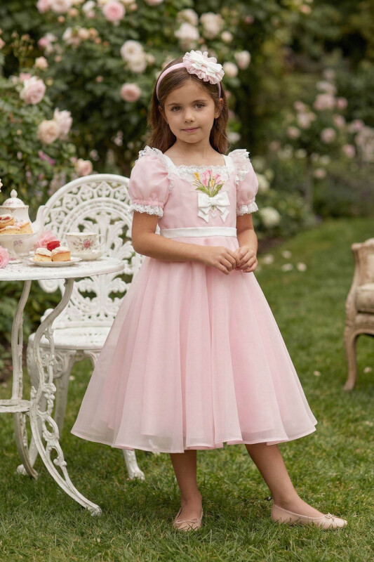 Powder Girls Embroidered Floral Tulle Dress with Hair Accessory 3-7 AGE 36395PR - Clothes