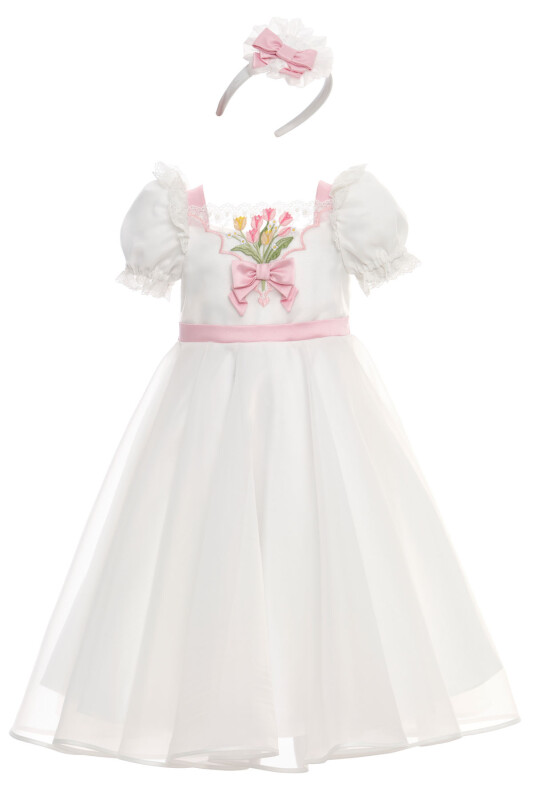 Ecru Girls Embroidered Floral Tulle Dress with Hair Accessory 3-7 AGE 36395PR - Clothes (1)