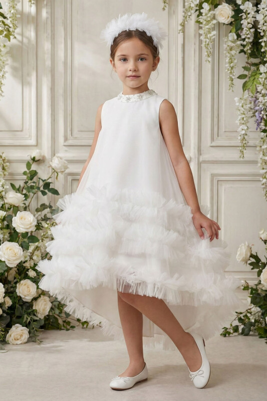 Ecru High-Low Layered Tulle Dress with Beaded Collar & Headband 3-7 AGE 36423PR - Clothes