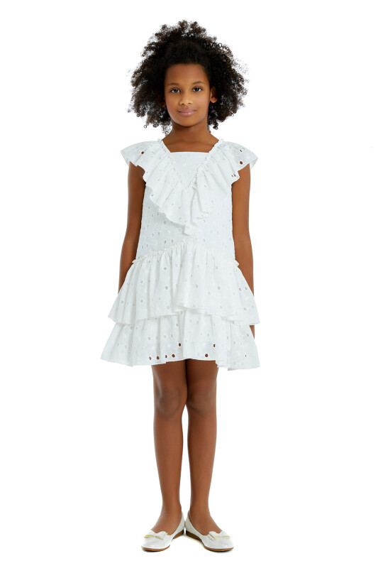 Ecru Girl Frilly Brode Dress 4-8 AGE 324703CA - Clothes