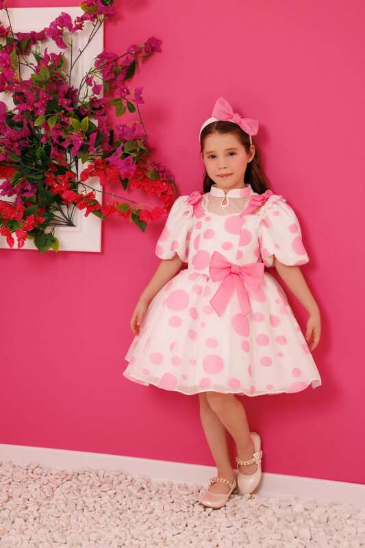Pink Polka Dot Dress with Hair Accessory 3-7 AGE 35365PR - Clothes (1)