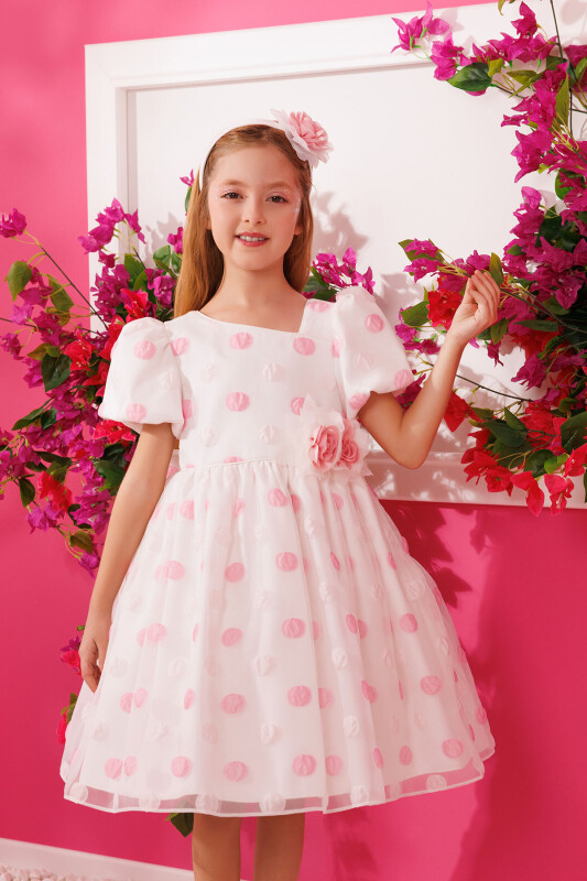 Powder Polka Dot Dress with Hair Accessory 3-7 AGE 35430PR - Clothes