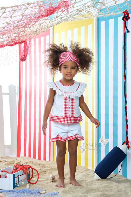 Red Girl Patterned Brode And Plaid Fabric Detailed Suit With Denim Shorts 2-6 AGE 312102CA - Clothes