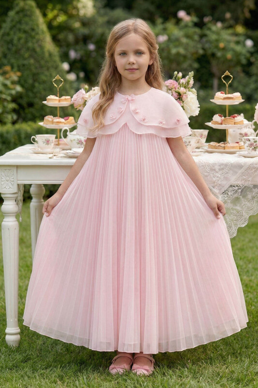 Powder Pleated Maxi Dress with Removable Cape 3-7 AGE 36426PR - Clothes