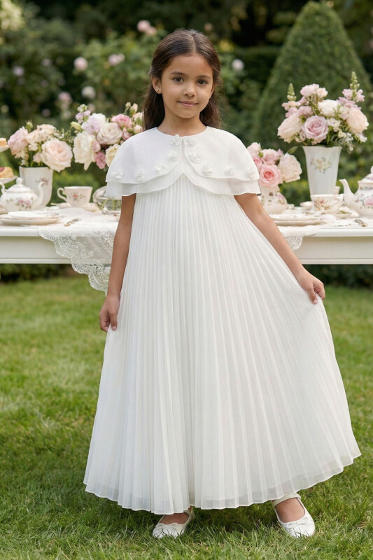 Ecru Pleated Maxi Dress with Removable Cape 3-7 AGE 36426PR - Clothes