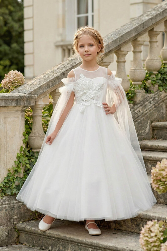 Ecru Girls Embellished Off-Shoulder Tulle Dress 8-15 AGE 36139PR - Clothes