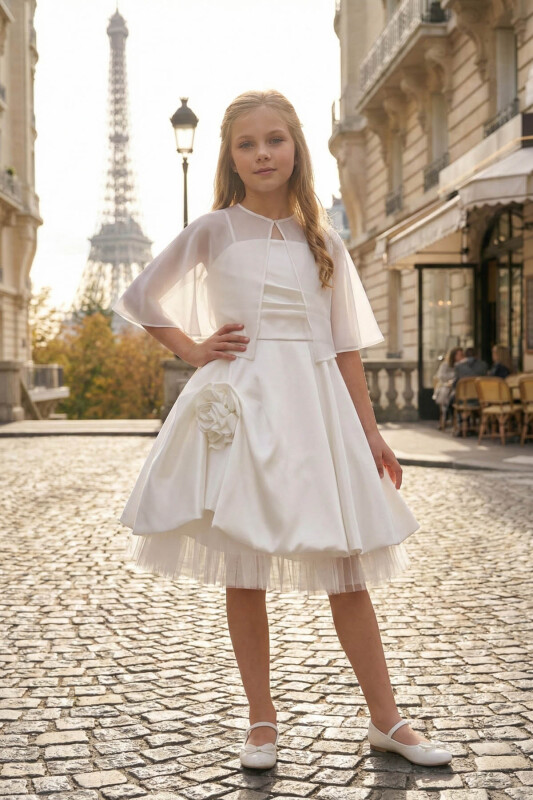 Ecru Girls Sheer Cape Satin Party Dress Set 8-15 AGE 36051PR 
