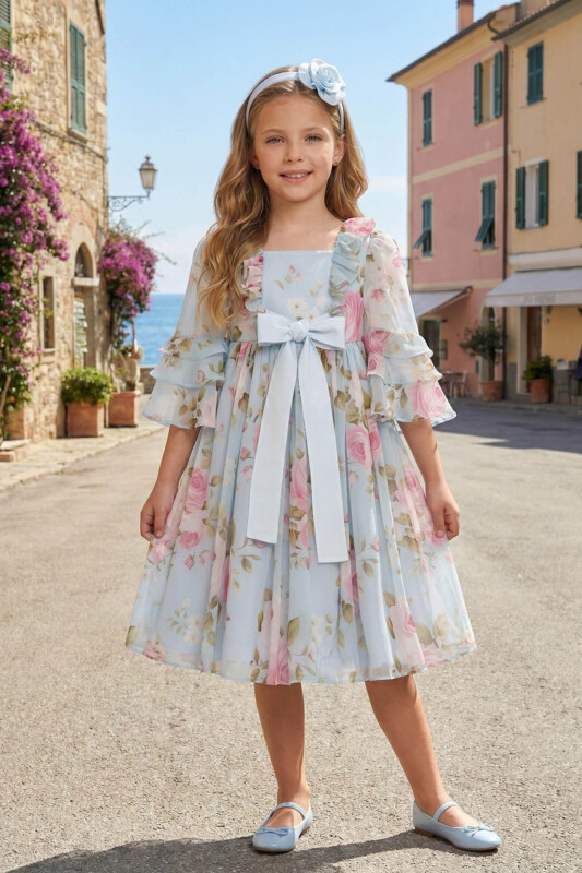 Blue Girls Floral Chiffon Dress with Headband 3-7 AGE 36199PR - Clothes