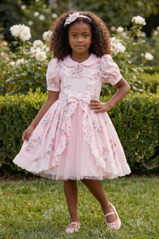 Powder Elegant Garden Party Dress with Headband 3-7 AGE 36375PR 