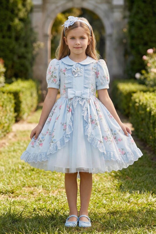 Blue Elegant Garden Party Dress with Headband 3-7 AGE 36375PR - Clothes