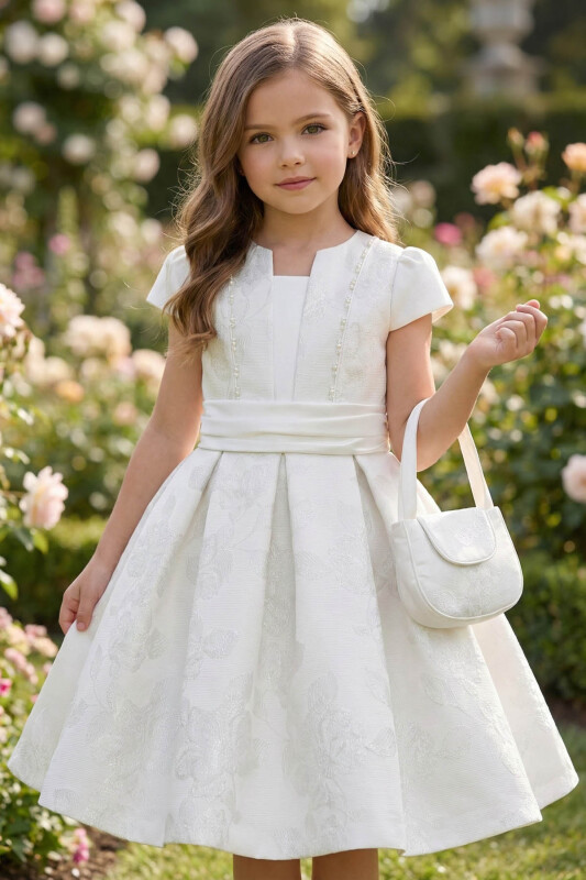 Ecru Elegant Jacquard Dress with Matching Purse 3-7 AGE 36413PR 