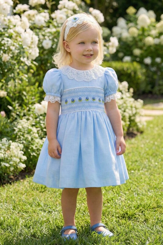Blue Classic Hand-Smocked Baby Dress with Floral Embroidery & Headband 6-24 MONTH 36366PR - Clothes