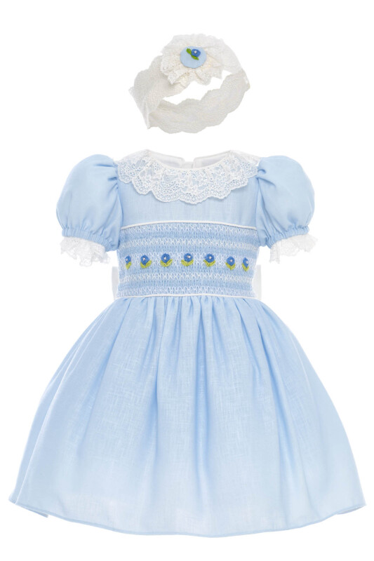 Blue Classic Hand-Smocked Baby Dress with Floral Embroidery & Headband 6-24 MONTH 36366PR - Clothes (1)