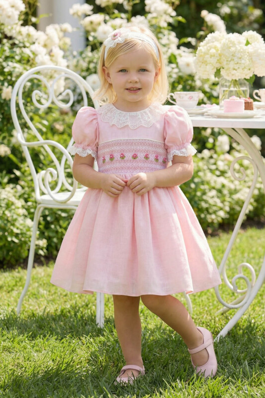 Powder Classic Hand-Smocked Baby Dress with Floral Embroidery & Headband 6-24 MONTH 36366PR 