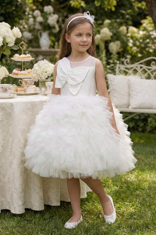 Ecru Girls' Special Occasion Dress with Layered Tulle Skirt and Beaded Bow 3-7 AGE 36016PR 