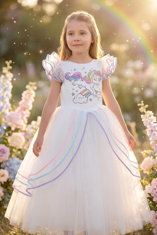 Colourful Unicorn Girls Dress 3-7 AGE 35051PR - Clothes
