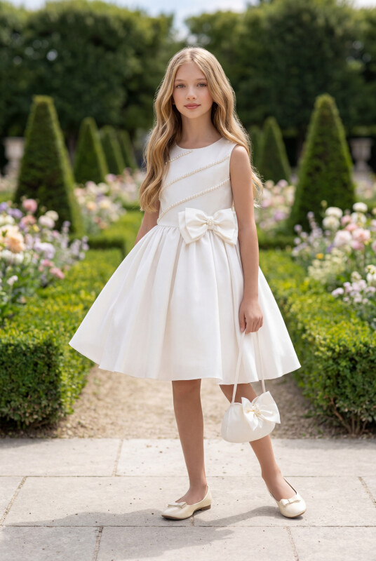 Ecru Satin Dress with Matching Bag 8-14 AGE 35213PR - Clothes